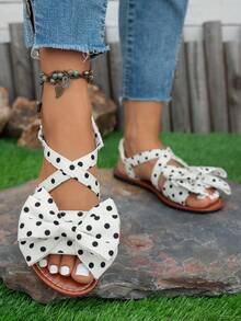2026 New Style: Plus Size Retro Flat Sandals With Large Bow; Available In Black, White, And Beige; Featuring Sweet Criss-Cross Strap Design And Open Heel; Fashionable And Versatile, Comfortable To Wear, Suitable For Vacation, Daily Commute, Dating And More - White - View 2