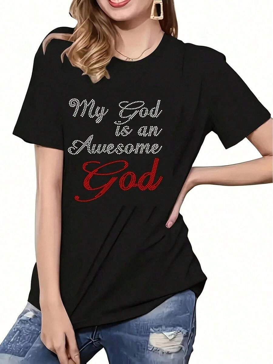 Women S Casual Elegant Letter Print T-Shirt - My God Is A Magical God Design, Soft, Round Neck, Short Sleeve, Elastic, Machine Washable, Perfect Casual Wear, Suitable For All Seasons Round Neck T-Shir - 黑色 - 查看 1