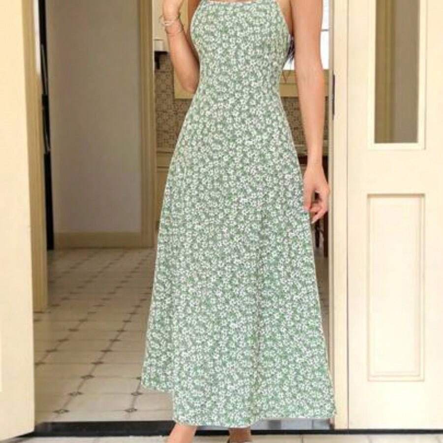 LunaCass8 Vestido de playa sin mangas con estampado floral azul para mujeres - Verde - Ver 1