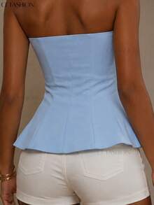 Cropped Strapless Blouse With Ruffles, Elegant Fashion, Blogger Style, Summer Premium Style, No Padding - 淺藍色 - 查看 2