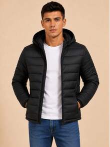 Men's Black Puffer Jacket With Hood, Lightweight And Warm Padded Puffer Jacket, Casual Winter Coat For Everyday Wear - màu đen - Xem 9