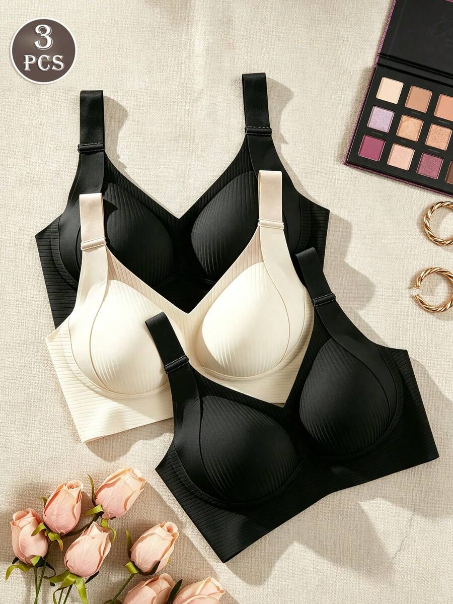 3pcs/Pack Bra Wanita Tanpa Jahitan, Ringan & Nyaman, Tanpa Kawat, Cocok Untuk Pemakaian Sehari-hari Dan Bepergian - MultiWarna - View 1