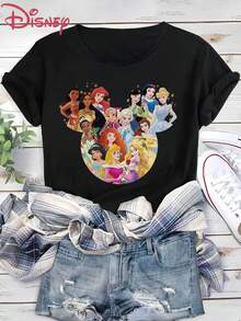 Disney Mickey Mouse Head Princess Print Women's T-Shirt, Casual Fashion Round Neck Short Sleeve Summer Top, Custom College Style Cartoon Breathable Sweatshirt, Daily Outdoor Casual Wear - 黑色 - 查看 3