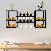 3-Tier Wall & Floor Mounted Wine Rack, 44.09lbs Load Capacity Wine Storage Holder With Glass Hanger For Home Kitchen Bar Restaurant Decor - Black - View 9