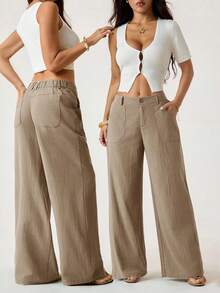 SUN 100% Washed Cotton Low Waist Straight Pants Linen Pants For Women Pants For Summer Cotton Pants Women Wide Leg Pants Women Pants For Summer, Fall, Fall Clothes For Women Pants For Summer - 黃色 - 查看 3