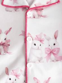 4pcs/Set Sweet & Cute Spring/Summer Girls Pajamas, Bow/Rabbit/Polka Dot Pattern Short Sleeve Top + Long Pants, Soft & Comfortable - Multicolor - View 8