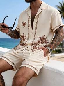 Men's Casual Fashion Outfit 2 Pieces Set: Short Sleeve Button-Down Shirt & Shorts, Relaxed Vacation Style, Fashionable & Versatile, Cozy Outfits - Apricot - View 10