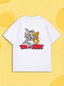SHEIN X Tom & Jerry 夏季女款短袖T恤，經典卡通角色同框趣味印花搭配品牌字母設計，休閒白色 - 白色 - 查看 1