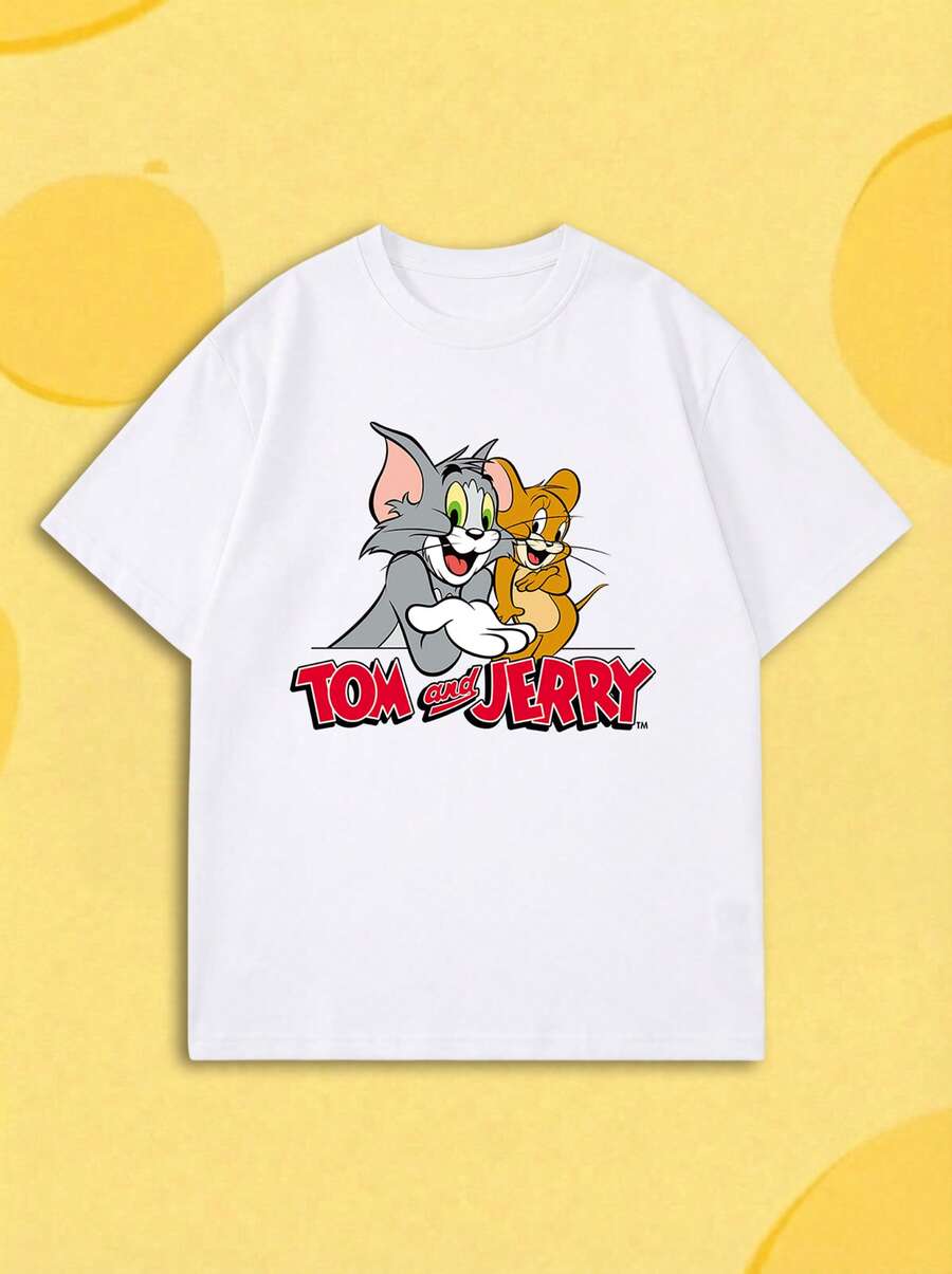 SHEIN X Tom & Jerry 夏季女款短袖T恤,經典卡通角色同框趣味印花搭配品牌字母設計,休閒白色 - 白色 - 查看 1