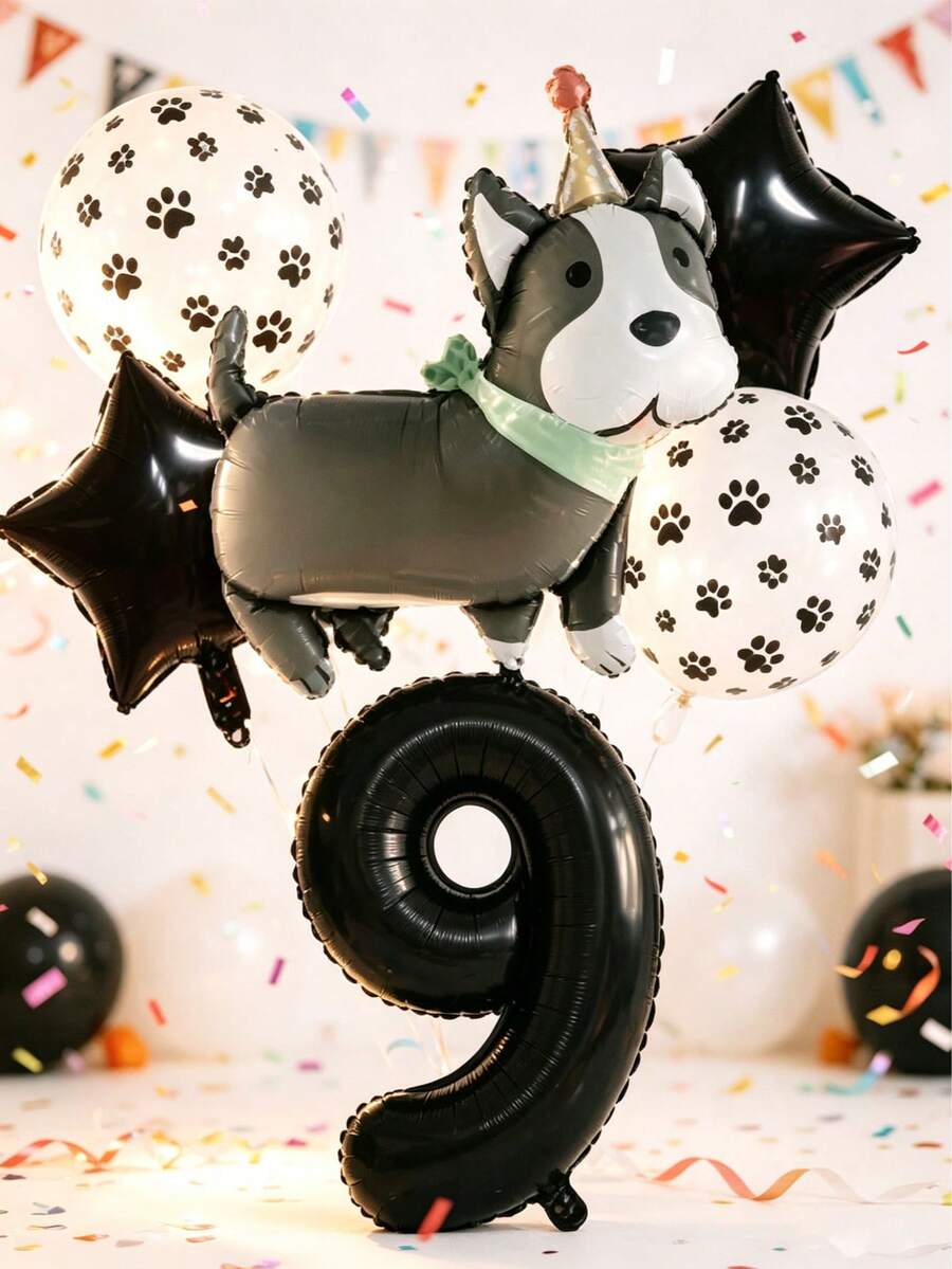 Cute Puppy Birthday Balloon Set, Includes Puppy Foil Balloons, Black And White Paw Print Balloons, Star Foil Balloons And Black Number Foil Balloons, Suitable For Decorating Children's Birthday Parties, Pet Puppy Gatherings And Other Events - View 1