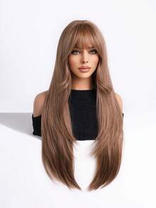 24 Inch Light Brown Layered Straight Wig With Bangs, Heat Resistant Synthetic Wig, Natural Hairpiece For All Seasons - Brown - View 5