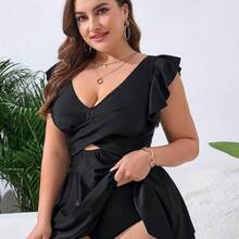 guang zhou mi qian shang mao Swim Lushoire Vestido de traje de baño sobre talla de unicolor con ribete de volantes para vacaciones de verano en la playa, en la piscina - Azul - Ver 4