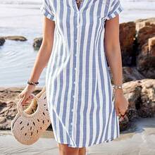 Nana's Women's Clothing Store  Vestido camisero de verano para mujer, de manga corta, cuello en V y rayas, hasta la rodilla, vestidos de verano para mujer, vacaciones - Celeste - Ver 5