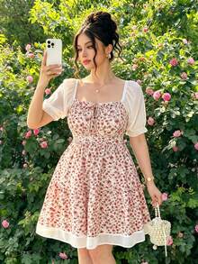 Vestido corto de estilo francés para mujer de talla grande, con nuevo diseño de verano, cuello cuadrado, mangas de pétalos de gasa, cintura ceñida y ajuste delgado - Rosa - Ver 1