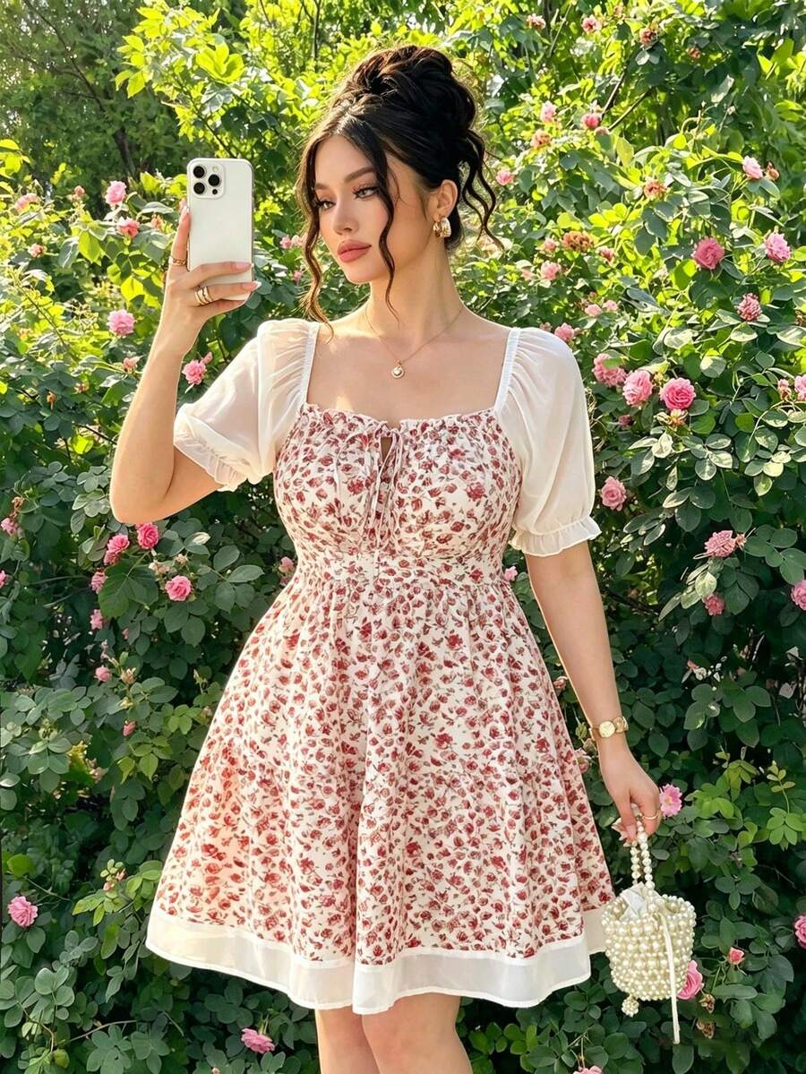 Vestido corto de estilo francés para mujer de talla grande, con nuevo diseño de verano, cuello cuadrado, mangas de pétalos de gasa, cintura ceñida y ajuste delgado - Rosa - Ver 1