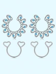 2Pairs/Set Sexy Fake Nipple Piercings - 316L Stainless Steel CZ And Double Heart Fake Nipple Ring Non Piercing Adjustable Clamp Nipple Rings For Women Body Jewelry Set Daily Wear Party And Valentine Festival - Multicolor - View 4