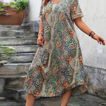 guangzhougaolangshangmao Vestido de ocio y vacaciones con dobladillo peplum estampado para mujeres en tallas grandes - Blanco y Negro - Ver 4