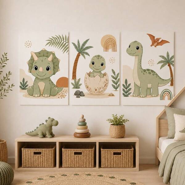 Trio quadrinhos Dino dinossauro boho quadro Decoração Quarto Bebê