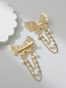 2 piezas de pinzas para el cabello con cadena de mariposa y perlas, muy decoradas - Multicolor - Ver 3