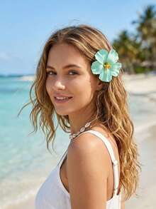 1pc Hawaiian Plumeria Hibiscus Flower Hair Clip For Women, Elegant Bohemian Style Fabric Hair Stick, Beach Vacation And Party Accessory, Claw Clip, For Her - Light Green - View 5