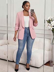 SHEIN Lady CURVE 粉色大码女士西装外套，通勤和商务优雅装扮，秋冬商务休闲女士 - 粉色 - 查看 3