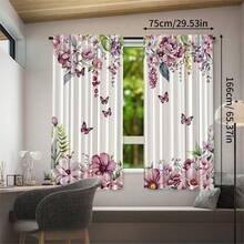 2pcs Pink Floral And Butterfly Pattern Printed Rod Pocket Curtains, Modern Polyester Curtains, Suitable For Bedroom, Kitchen, Office, Living Room - Machine Washable, Multi-Functional Room Decor, Living Room Curtains - Multicolor - View 14