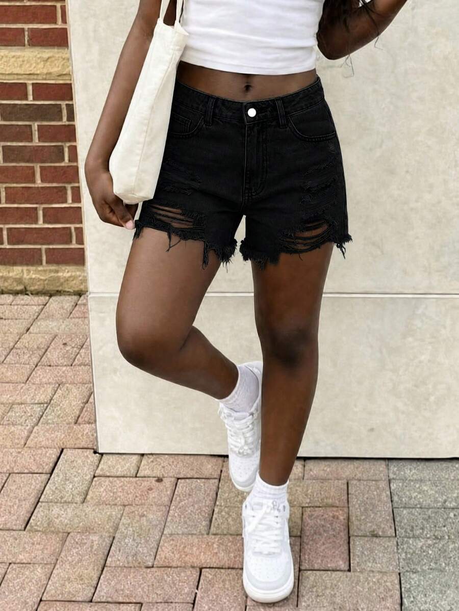 Women's Casual Loose Straight Leg Cropped Jeans Black Summer - Black - View 1