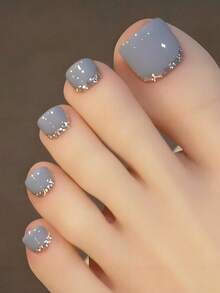 24 peças unhas postiças curtas quadradas de cobertura total, estilo vintage, brilhantes, azul francês com glitter dourado, para mulheres e raparigas, uso diário, outono e inverno - Multicolorido - Ver 1