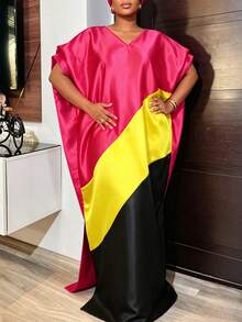 Afro Fashion 女款拼色緞面非洲 Bubu 洋裝 V 領短袖寬鬆版型卡夫坦長洋裝 正式場合教會正式活動 - 玫紅色 - 查看 5