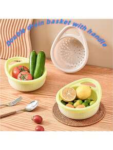 1pc Kitchen Double Layer Colander Basket Fruit And Vegetable Washing Basin Multifunctional Plastic Basket For Washing And Draining - One Size - View 3
