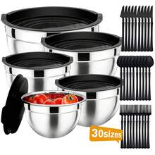 5PCS Mixing Bowls With Lids And 30-Piece Stainless  Flatware Set, Airtight Nesting Salad Bowls With Scratch Resistant Cutlery, Space Saving Kitchen Prep Set For Cooking Baking & Storage, Dishwasher , Durable Stainless Steel Utensils - Silver - View 1