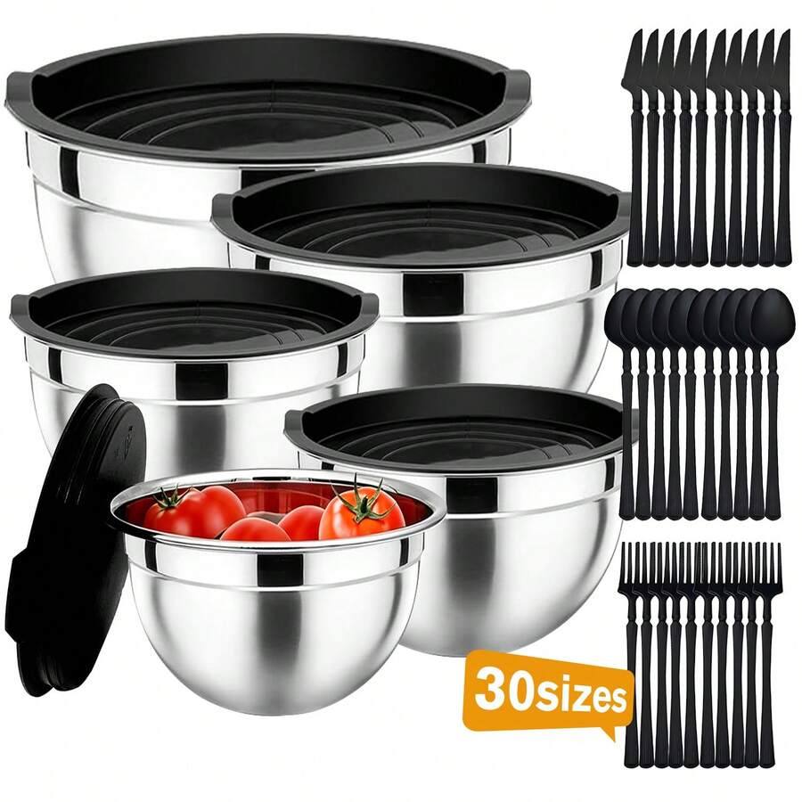 5PCS Mixing Bowls With Lids And 30-Piece Stainless  Flatware Set, Airtight Nesting Salad Bowls With Scratch Resistant Cutlery, Space Saving Kitchen Prep Set For Cooking Baking & Storage, Dishwasher , Durable Stainless Steel Utensils - Silver - View 1
