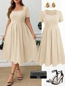 Vestido de mujer de talla y longitud media con cuello cuadrado y adorno de concha - Albaricoque - Ver 1