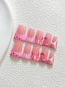 10Pcs Gentle Style Handmade Press On Nail,Polygel Nail Set,Polka Dot And Stripe,Pink,White And Orange Nail Polish,Sweet Style,Includes Nail Tools,3 Sizes Available,Almond,Duck,Coffin Nails For Party,Dance,Daily Wear. - Multicolor - View 16