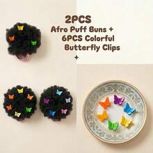 3 Inch Fluffy Afro Puff Hair Buns, 2PCS Y2K Kinky Curly Synthetic Hair Extensions With Colorful Butterfly Clips, Instant Volume Hair Accessories For Women - 彩色 - 查看 4