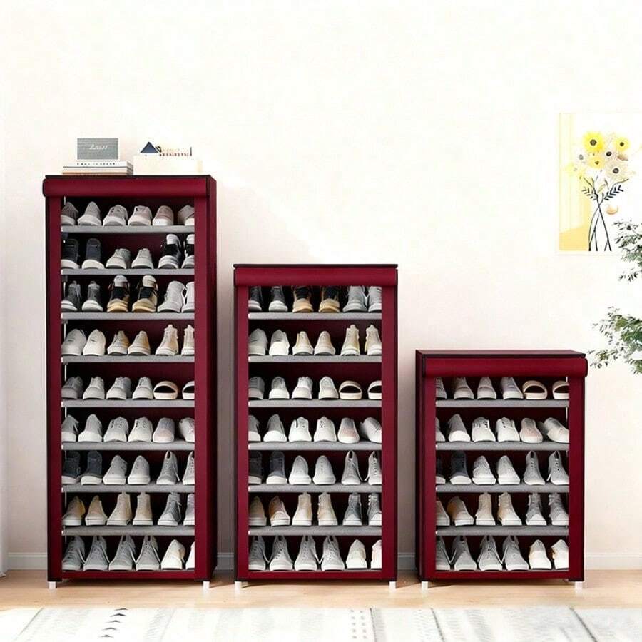Red Dust-Proof Shoe Rack, Multi-Layer Minimalist Freestanding Shoe Storage Rack, Easy Assembly Space-Saving Storage Shelf, Suitable For Dorms And Homes, 6/8/10 Layers Optional (Can Hold 15-27 Pairs Of Shoes)