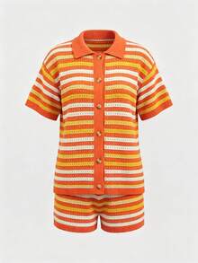 2 pièces/Set Veste en tricot rayée décontractée et shorts pour vacances pour femmes, tenue de plage au crochet, ensemble assorti de Top en tricot rayé orange et shorts de style bohème printemps/été - Orange - Voir 6