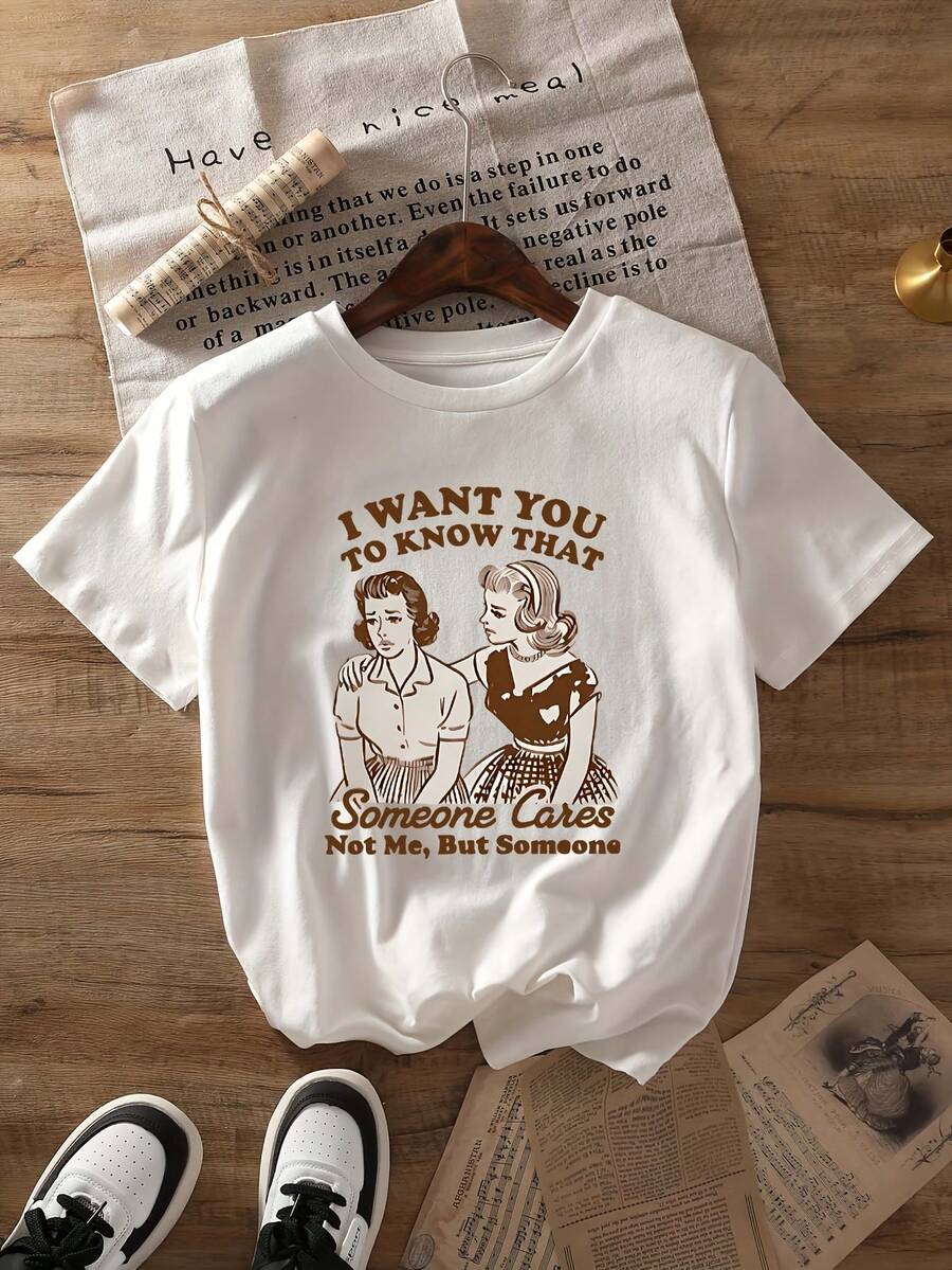 1pa Plus Size Women's "I Want You To Know Someone Cares" T-Shirt - Casual Round Neck, Short Sleeve, Summer Top With - 白色 - 查看 1