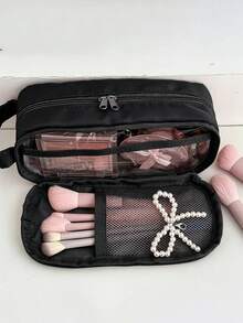 Nylon Kosmetiktasche, Muster mit Kosmetik- und Hautpflegemustern, große Kapazität Kosmetiktasche, tragbare Fächer, Aufbewahrungstasche, tragbare minimalistische Reise-Ins-Stil Aufbewahrungstasche, tragbare Kosmetik- und Make-up-Pinsel Aufbewahrungstasche, geeignet für Reisen - Verschiedenfarbig - Übersicht 8