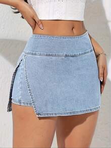 25AW Elegante Falda Corta de Mezclilla de Cintura Alta, Color Sólido, Tela Elástica, Cierre de Cremallera - Colección Primavera/Verano, Falda Corta de Moda| Aspecto Elegante| Mezclilla Elástica, Shorts de Cintura Alta - Azul claro - Ver 5
