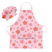 Apron And Chef Hat Set Adjustable Bib Apron With Pocket For Cooking Baking Painting Arts And Crafts 3-8 Age - N-pink Flower - View 1