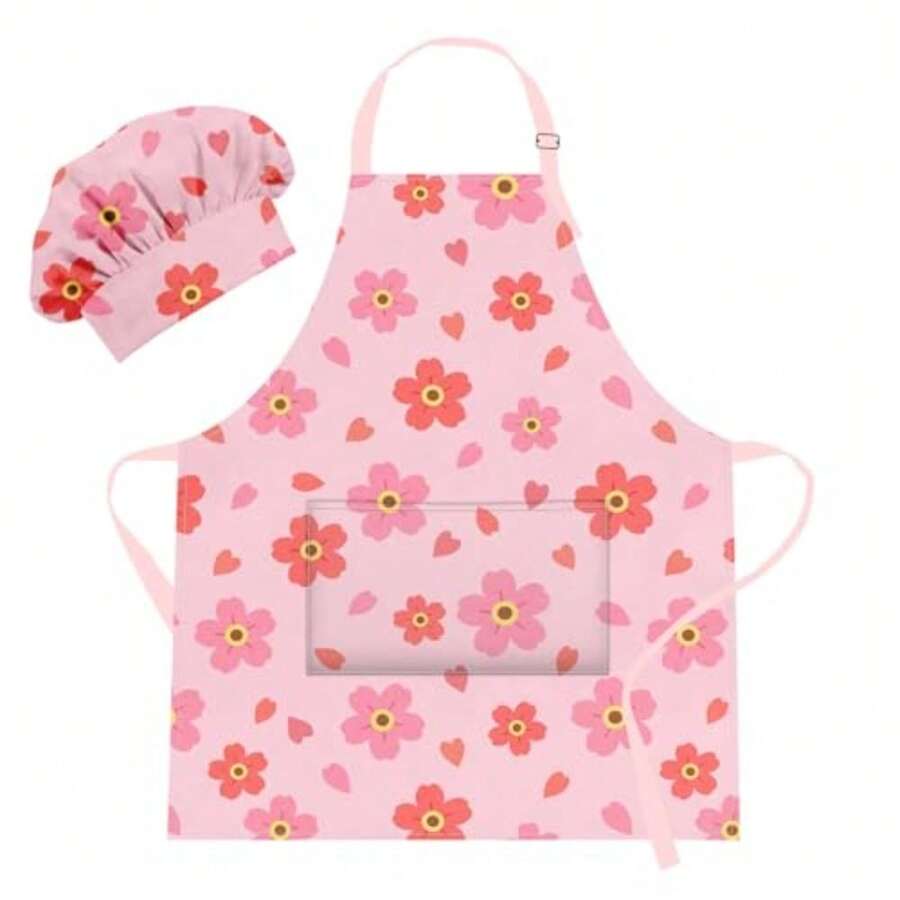 Apron And Chef Hat Set Adjustable Bib Apron With Pocket For Cooking Baking Painting Arts And Crafts 3-8 Age - N-pink Flower - View 1