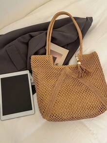 Summer Straw Beach Bag, Large Capacity Tote Bag, Grocery Basket, Handbag, Vacation Style, Simple & Versatile, Multi-Pocket Design For Women, Suitable For Dresses, Shopping, Travel, Storage, Wicker Bag - Khaki - View 5