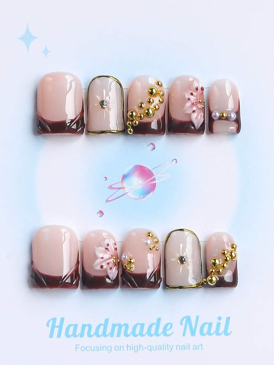 10PCS -Handmade Press On Nails, Square Shape, Fake Nails, Y2K Style, Sturdy Quality, Reusable, Pink, Matching French Style, 3D, Suitable For Daily Wear, Parties,Vacation, And Also The Best Holiday Gift For Girls And Women. - Burgundy - View 1