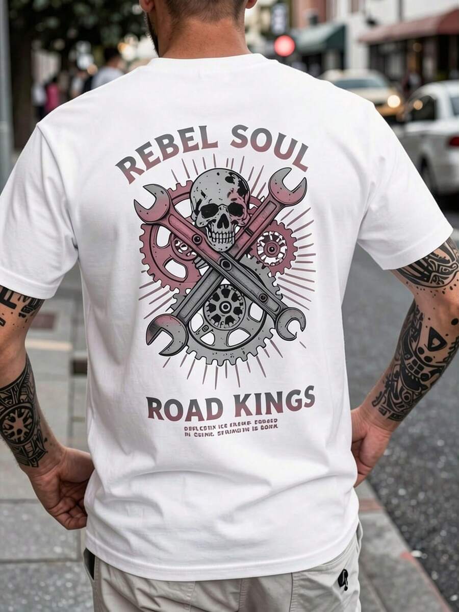 Camicia a maniche corte da uomo, lavata e dall'aspetto vintage, vestibilità ampia con maniche a metà, stampa su entrambi i lati, disponibile in 12 colori per facili abbinamenti, top in stile street-hop americano, adatta per uscite casual, sport e fitness. - Bianco - Visualizzare 1