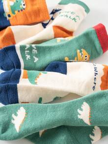 5 Pairs Kids Mid-Calf Socks, Cartoon, Letter, Dinosaur, Striped Patterns, Casual, Sports Style, White, Green, Orange, Blue, Multicolor, Colorblock, Children's Socks, All-Season, Suitable For Students Daily, Versatile, Back To School, Classroom - Multicolor - View 10