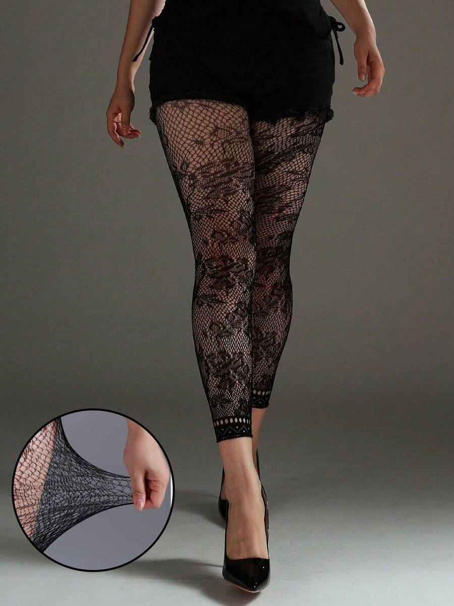 Leggings de talla grande para mujer con alta elasticidad, jacquard y red hasta el tobillo, medias góticas con estampado floral, medias de malla negras sexys y de moda - Negro - Ver 1