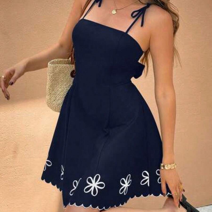 guangzhougaolangshangmao Frenchy Vestido corto de mujer con tirantes de lazo para vacaciones - Azul marino - Ver 1