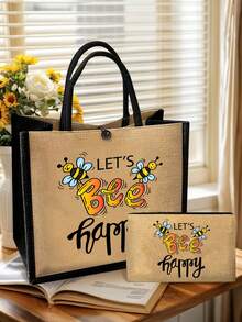 Bolso de mano multifuncional para mujer con patrón de abeja linda y letras asimétricas, bolso tote de gran capacidad y monedero con cremallera, adecuado para bodas, cumpleaños, playa y vacaciones. Bolso tote de lino, bolsa de regalo para el Día del Maestro, portátil, ligero, bolsa de almacenamiento plegable, bolso de moda minimalista, bolsa de regalo de agradecimiento para enfermeras, médicos y maestros, regalo del Día de la Madre, bolsa de maquillaje de viaje, bolsa de compras de viaje, mejor regalo para el Día del Maestro. - Multicolor - Ver 8