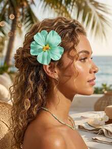 1pc Hawaiian Plumeria Hibiscus Flower Hair Clip For Women, Elegant Bohemian Style Fabric Hair Stick, Beach Vacation And Party Accessory, Claw Clip, For Her - Light Green - View 3